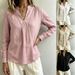 Stand Collar V Neck Long Sleeve Slimming Shirt Loose Fit Women's Top Bestseller_ecoleips.com