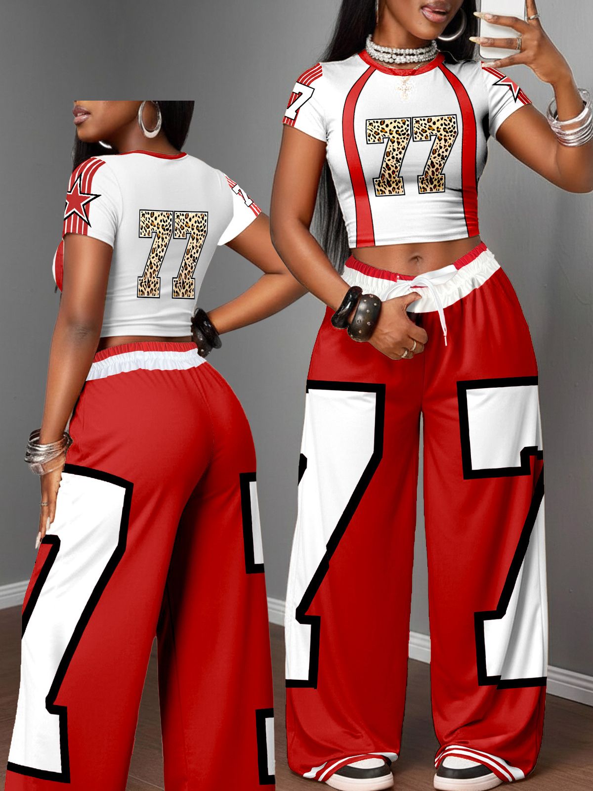 Women's Retro Pictographic Print T-Shirt And Wide Leg Pants Set Casual Comfortable 2-Piece Home Or Outerwear Clothing_ecoleips.com