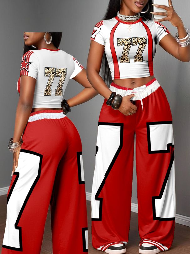 Women's Retro Pictographic Print T-Shirt And Wide Leg Pants Set Casual Comfortable 2-Piece Home Or Outerwear Clothing_ecoleips.com