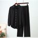 Audday 2024 Fashion Autumn Winter New Loose Elastic Wrinkle Long Sleeve Shirt Wide Leg Pants Casual For Women 2-Piece Set_ecoleips.com