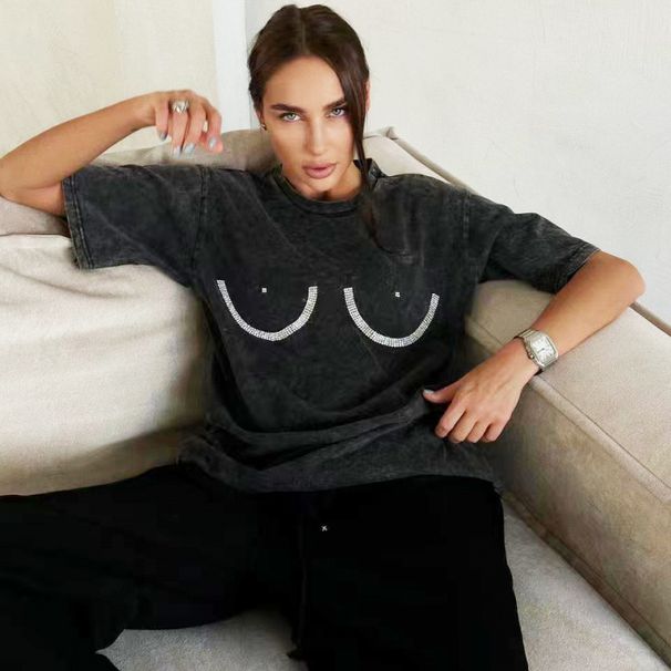 This Unique Cut-And-Print Round-Neck Pullover Short-Sleeved T-Shirt With Hot Rhinestones Features An Ins Style For Women_ecoleips.com