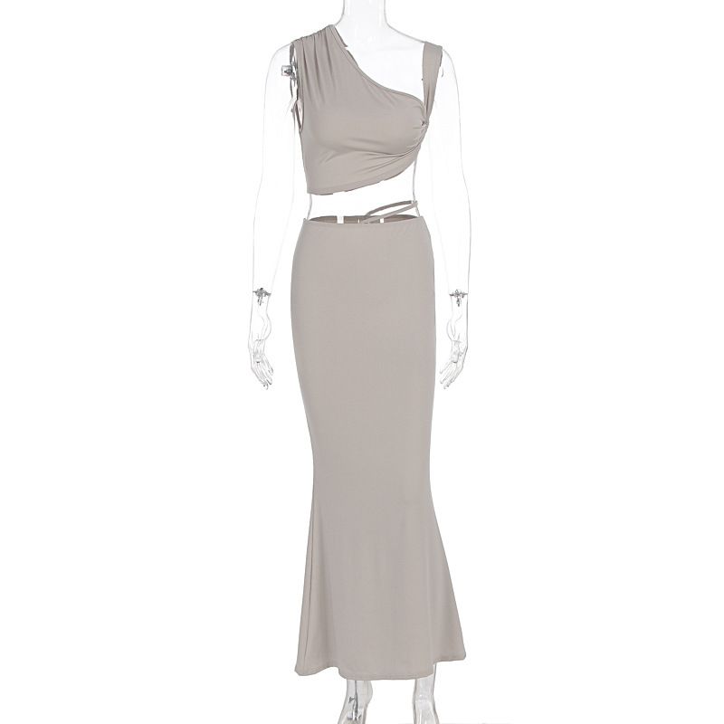 New Arrival Solid Sexy Fashion One Shoulder Asymmetric Neck Crop Top Skirt Two Piece Dress Set Women Daily Outfit_ecoleips.com