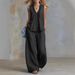 Women's Fashion Casual Solid Color Two Piece Set V Neck Gathered Loose Sleeveless Top with Casual Trousers European And American Style_ecoleips.com