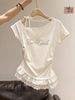 Korean Ballet Style Splice Hem Rhinestone Letter Short Sleeve Women's Summer New Slant Collar Shoulder Exposure Slim Fit Top_ecoleips.com