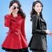 Women's Long PU Leather Jacket With Detachable Faux Fur Collar, Winter Warm Fleece Lined Coat, Slim Fit Trench Coat For Cold Weather_ecoleips.com