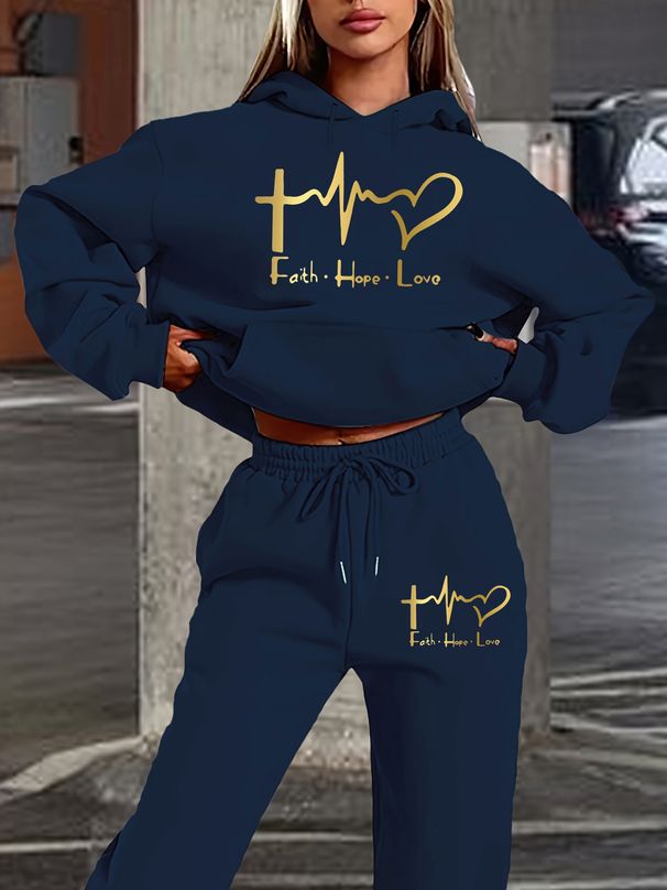 Women's Autumn And Winter Fashion Casual FAITH HOPE LOVE Letter Print Thick And Plush Warm Hooded Sweatshirt+sports Pants Set-789_ecoleips.com