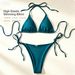 Teal Ribbed Triangle String Bikini Set Women Halter Tie Side Thong Bikini 2 Piece Swimsuit Summer Beach Bathing Suit_ecoleips.com