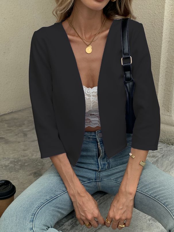 Elegant Solid Color Open Front Short Jacket For Women, 3/4 Sleeve Slim Fit Outerwear, Casual Spring & Fall Top, Lightweight Knit Pullover_ecoleips.com