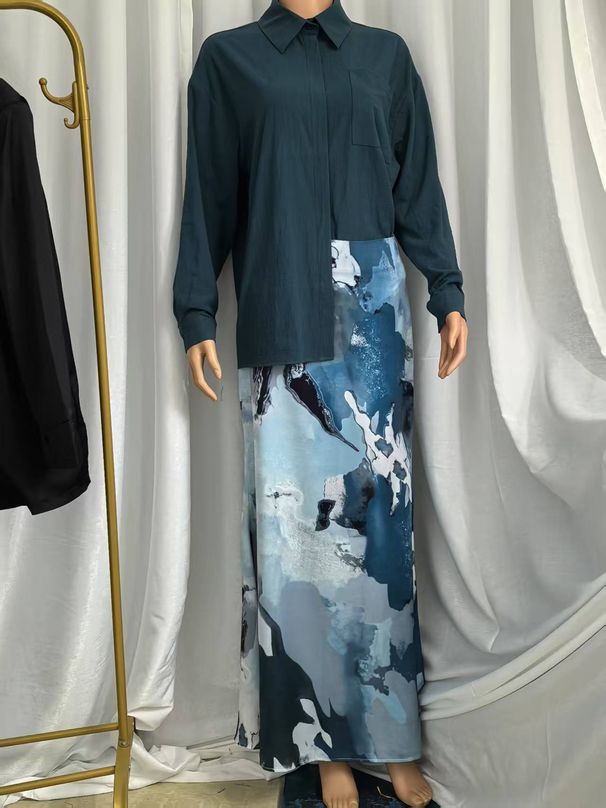 Fashionable Casual Long Sleeved Shirt High Waisted Printed Bodycon Skirt Set Women's Muslim Clothing_ecoleips.com