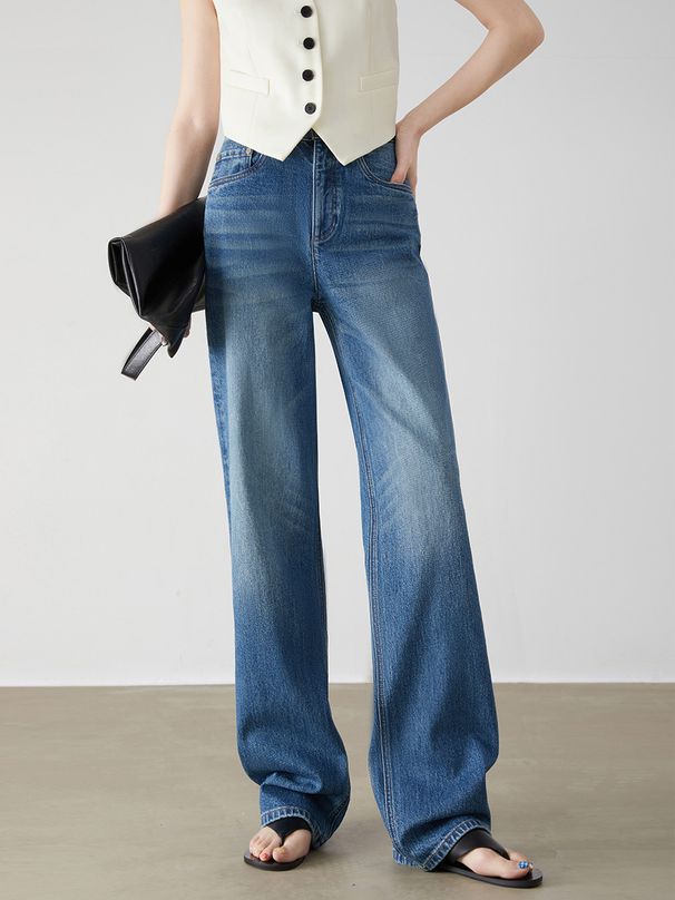Women's Clothing High Waist Washed Retro Straight Jeans_ecoleips.com