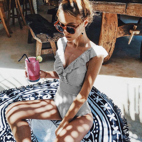 Women's Clothing New Swimsuit One Piece Ruffle Swimsuit Sexy Striped V Neck Halter Swimsuit Bikini_ecoleips.com