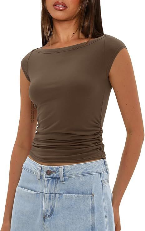 Women's Clothing Slim Fit Cropped T-Shirt Boat Neck Casual Fashion Pleated Short Top American Style Summer New Arrivals_ecoleips.com