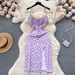 European And American Resort-style Floral Print Strap Beach For Women, French-style Pleated, Tie-waist, High-waisted,_ecoleips.com