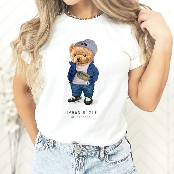Women's Clothing 2024 Summer New Couple Teddy Bear Printed T-shirts Fashion Round Neck Tops Women_ecoleips.com