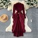 Elegant Semi-High Neck Pleated Long Sleeve Dress For Women - Red Slim Fit A-Line Midi Dress For Sophisticated Style_ecoleips.com