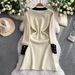 Elegant French-Inspired Fringe Round Neck Long Sleeve Dress With Metallic Buttons & Waist Accent – Flattering A-Line Midi Dress For Women_ecoleips.com
