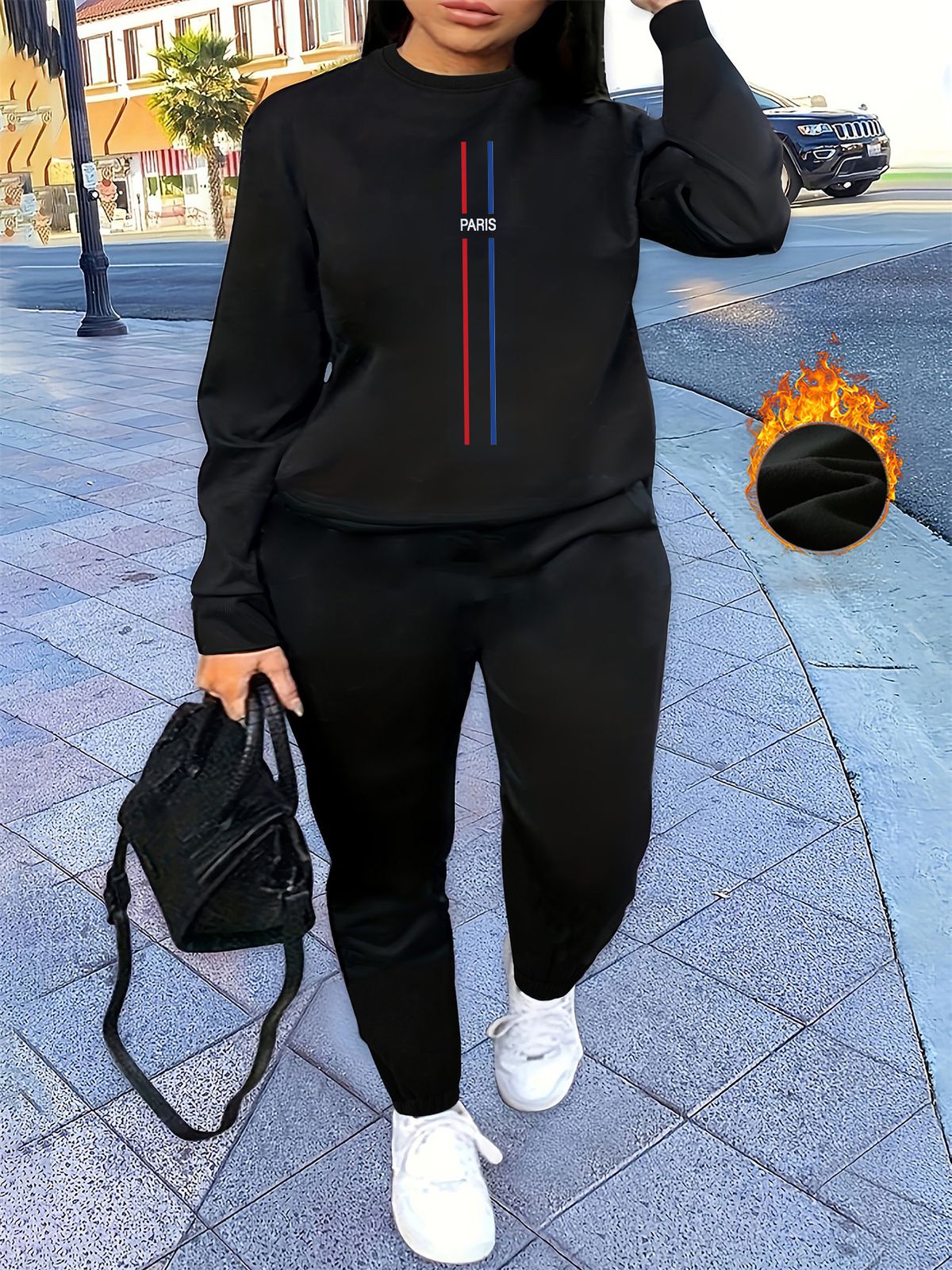 Women's Autumn/Winter Hip Hop Casual Street Paris Letter Pattern Printed Round Neck Sweatshirt+Sweatpants Warm Set-639_ecoleips.com