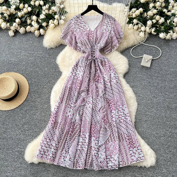 Women's Clothing Summer Slimming Ruffled Floral Dress V Neck Short Flutter Sleeve Lace Up Waist Cinching_ecoleips.com