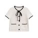 Fashion Women's Short Sleeve Knit Top With Contrast Trim - Round Neck, Breathable Polyester, Casual & Elegant (White, S/M/L)_ecoleips.com