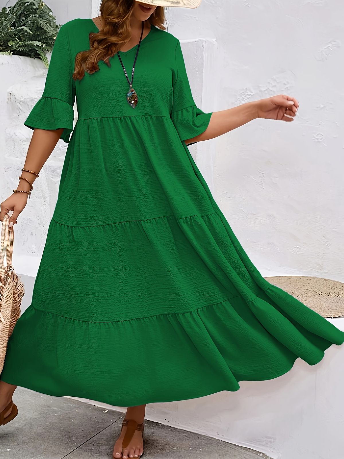 Plus Size Summer Solid Color Textured Loose Dress_ecoleips.com