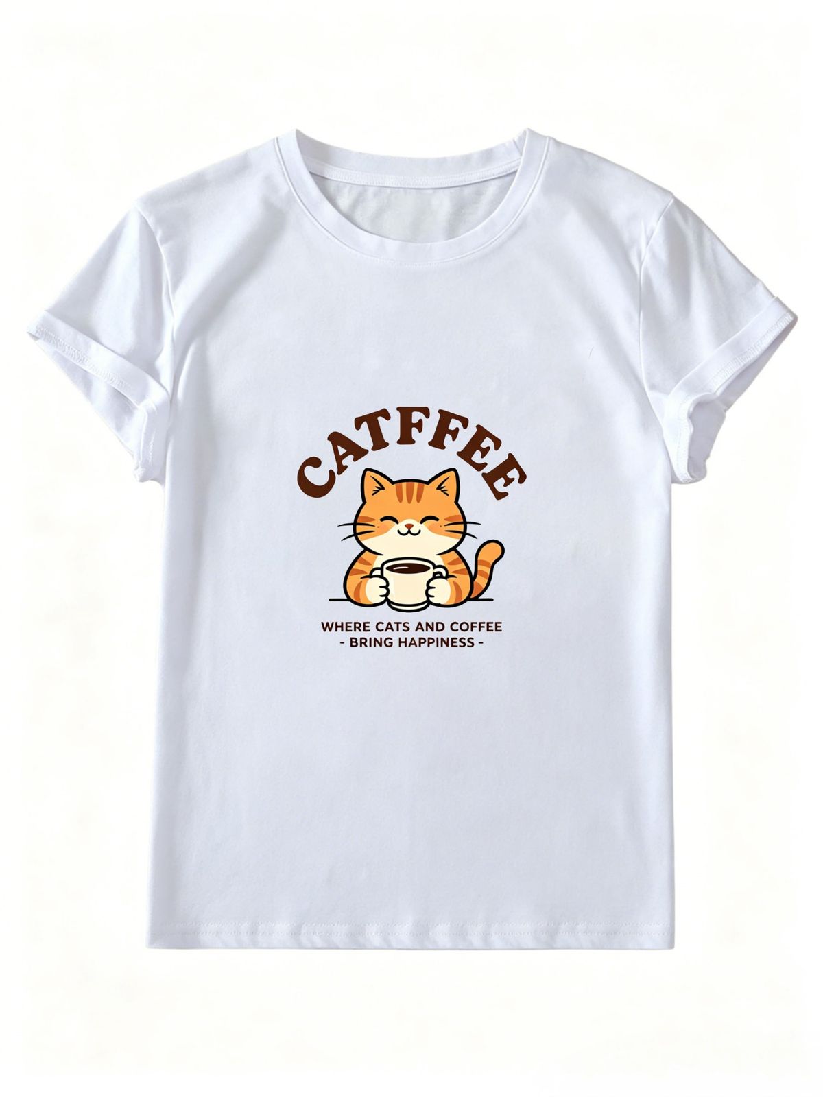 Women Crew Neck Short Sleeve T Shirt Catffee Cat Coffee Slogan Graphic Tee Cute Animal Loose Casual Daily Streetwear Tops_ecoleips.com