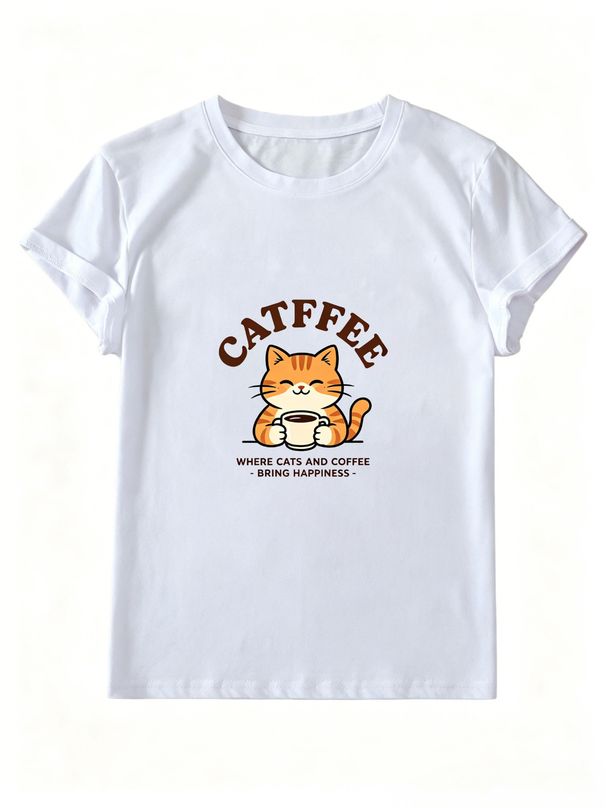 Women Crew Neck Short Sleeve T Shirt Catffee Cat Coffee Slogan Graphic Tee Cute Animal Loose Casual Daily Streetwear Tops_ecoleips.com