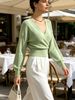 Light Sage Green Deep V Wrap Pit Rib Knit Sweater, Loose Lightweight Breathable Soft Skin-touch Long Sleeve Slim Waist Pullover_ecoleips.com