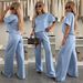 New European And American Casual T-shirt Set, Solid Color Short-sleeved T-shirt Top, Wide-leg Pants Two-piece Set For Women_ecoleips.com