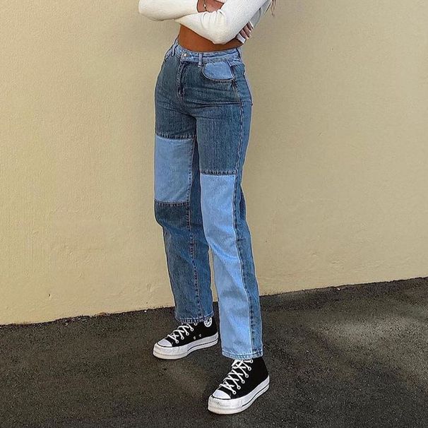 Women's Clothing New Street Hip Hop Contrast Color Patchwork Casual Jeans On Sale_ecoleips.com