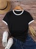 2025 Summer Black White Contrasting Color Match Casual Slimming Women's T-shirt Simple And Versatile Top_ecoleips.com