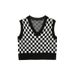 Women's Clothing Women's Checkered Knit Vest Layered Loose Fit Crewneck Spring Top_ecoleips.com