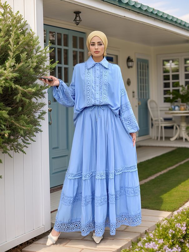Women's Clothing Hollow Lace Splicing Puff Sleeve Top Large Swing Skirt Two Piece Suit_ecoleips.com