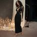 Fashion Women Long Sleeve Sheer Mesh Patchwork Deep V Neck Slimming Bodycon Elegant Long Maxi Dress_ecoleips.com
