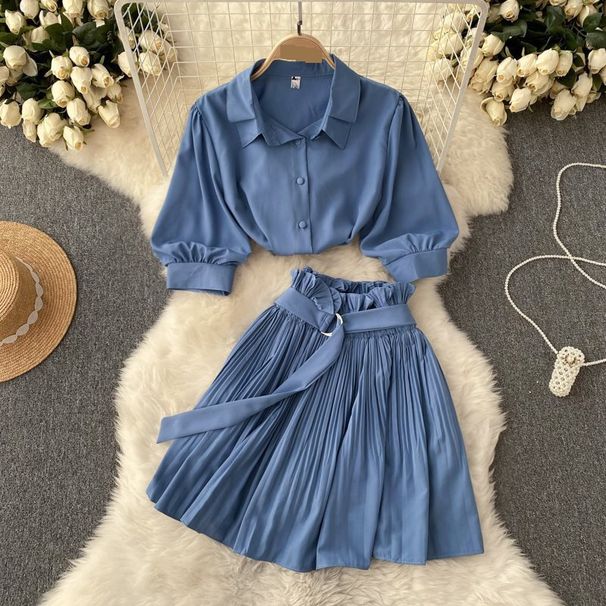 Women's Clothing Girl Sexy Suit Female Lapel Bubble Short Sleeve Shirt Pleated A Line Skirt Two Piece Suit Trendy_ecoleips.com