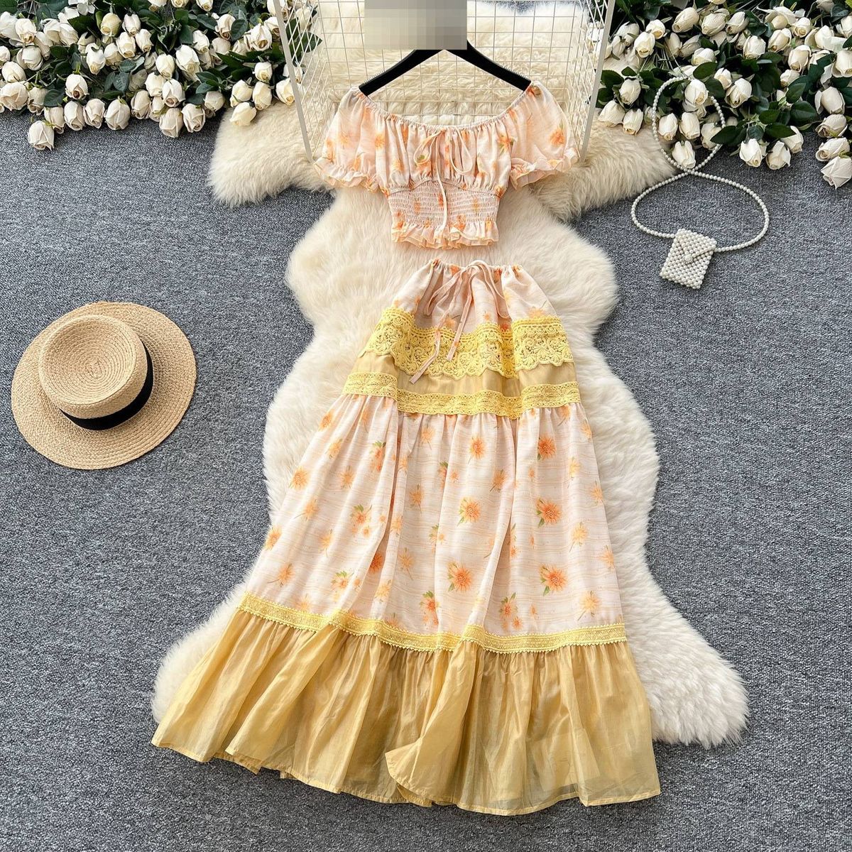 Women's French Style Sweet Lace Trimmed Pant Set Puff Sleeve Cropped Top And High-Waisted Skirt For Vacation_ecoleips.com