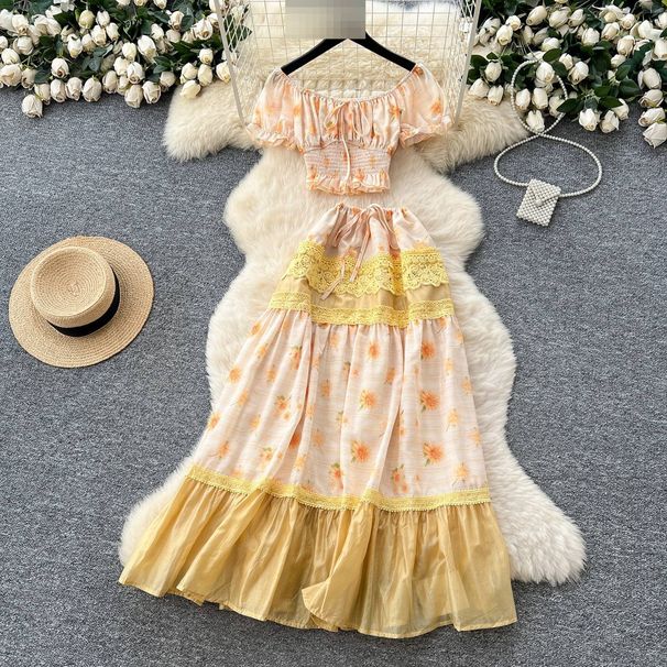 Women's French Style Sweet Lace Trimmed Pant Set Puff Sleeve Cropped Top And High-Waisted Skirt For Vacation_ecoleips.com