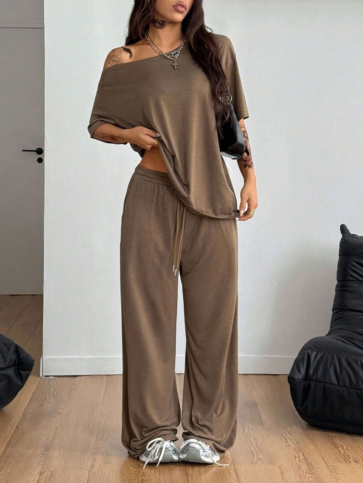 Women's High-Waisted Wide-Leg Sweatpants Solid Color Petite Size Autumn Winter Fashion Set_ecoleips.com
