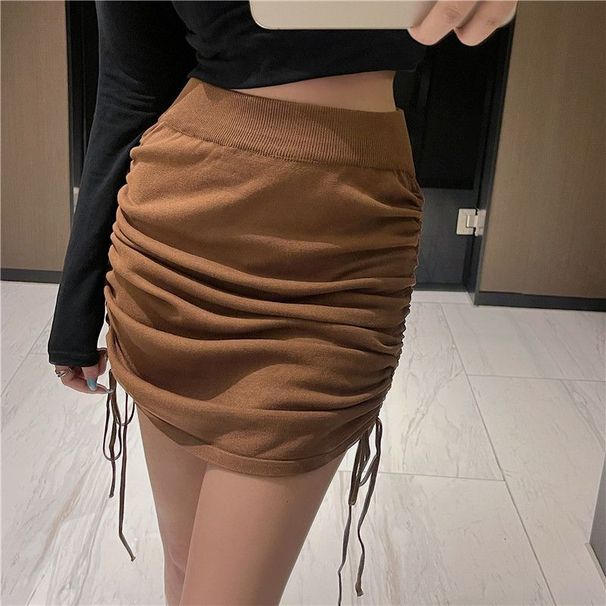 Verve Solid Color Design High Waist Drawstring Sexy Midi For Women Summer New Slim Fit Short Pure Desire Style Bodycon Skirt_ecoleips.com