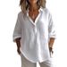 2025 Spring Summer Solid Color Casual Loose Long Sleeve Linen V-neck Shirt Women_ecoleips.com