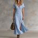 Spring/Summer Long Dress Casual Cotton Linen Fashionable Button Detail Short Sleeve American Style Wholesale_ecoleips.com