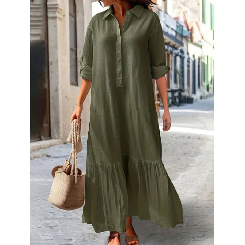 Cotton And Linen Long Irregular Dress, Shirt Collar Twist Button, Casual Skirt, Solid Color Loose Skirt_ecoleips.com