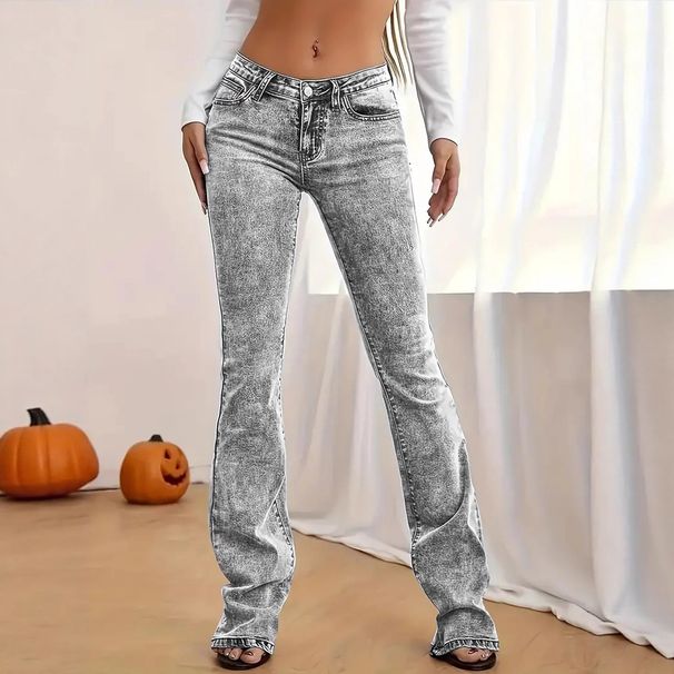 Gray Slim Fit Stretch Denim Jeans Minimalist Style Slightly Flared Long Pants Versatile Washed European American_ecoleips.com