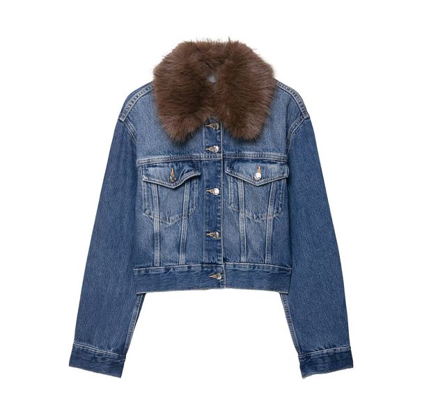 Faux Fur-Trim Denim Jacket – Women’s Cropped Coat (Retro Chic, Soft Lining, Versatile Fall & Winter Style)_ecoleips.com