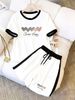 Summer Women's Black White Color Block Set Simple Heart English Print Short Sleeve Top With Shorts_ecoleips.com