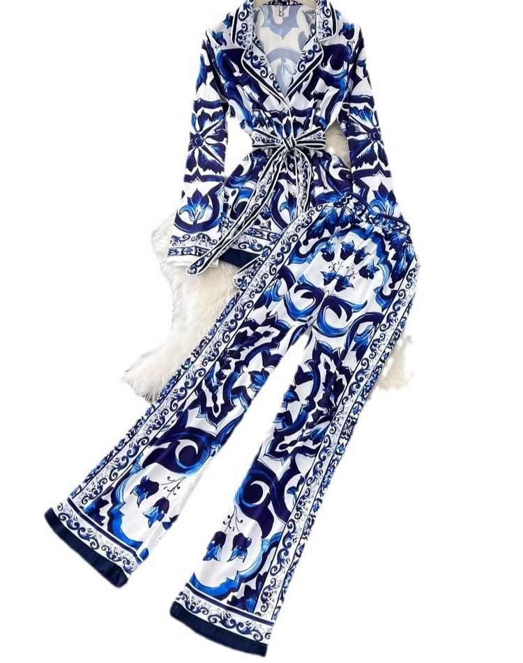 Women's Clothing Fashionable Suits With Collars Waist Ties Celadon Printed Tops Two Piece Suits High Waisted Wide Leg Pants_ecoleips.com