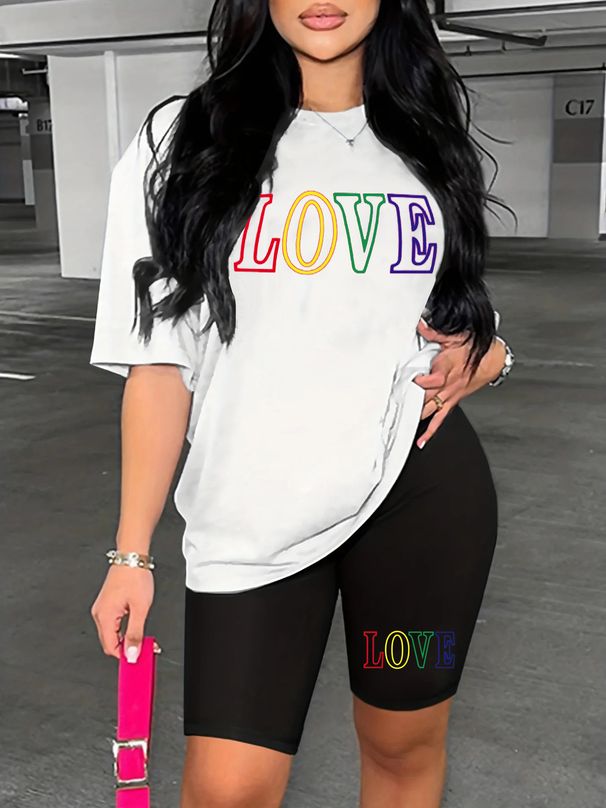Summer Women's Casual And Fashionable Love Letter Print Loose T-shirt+shorts Two-piece Sportswear Suitable For Daily Wear-47_ecoleips.com