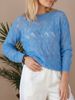 Women's Blue Hollow Out Knit Sweater Round Neck Long Sleeve Lightweight Casual Pullover For Spring And Autumn_ecoleips.com