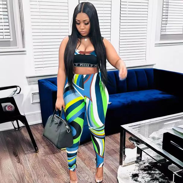 European And American Fashion Sexy Strap Tight Waist Personalized Printed Set_ecoleips.com