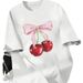 Women's Y2K Cherry Bow Print round Neck Short Sleeve T-Shirt Loose Fit Trendy Casual Top for Spring/Summer_ecoleips.com