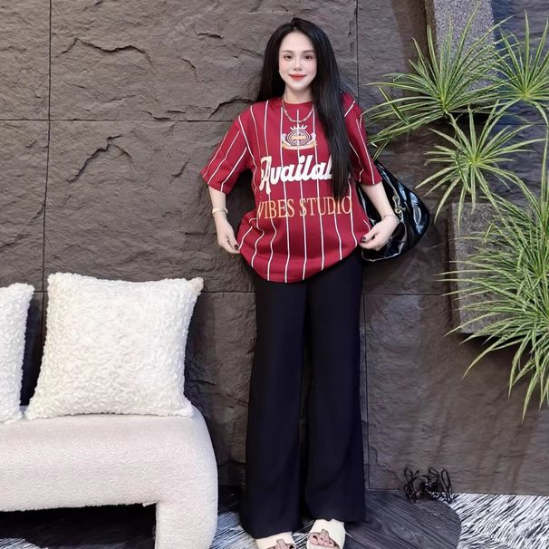 Women's Summer Fashion Two-Piece Set Style American Letter Print Short Sleeve T-Shirt And Loose Wide Leg Pants_ecoleips.com